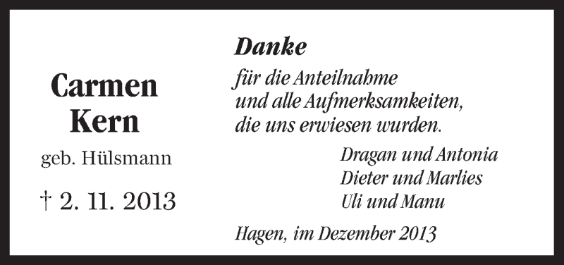  Traueranzeige für Carmen Kern vom 28.12.2013 aus Neue Osnabrücker Zeitung GmbH & Co. KG
