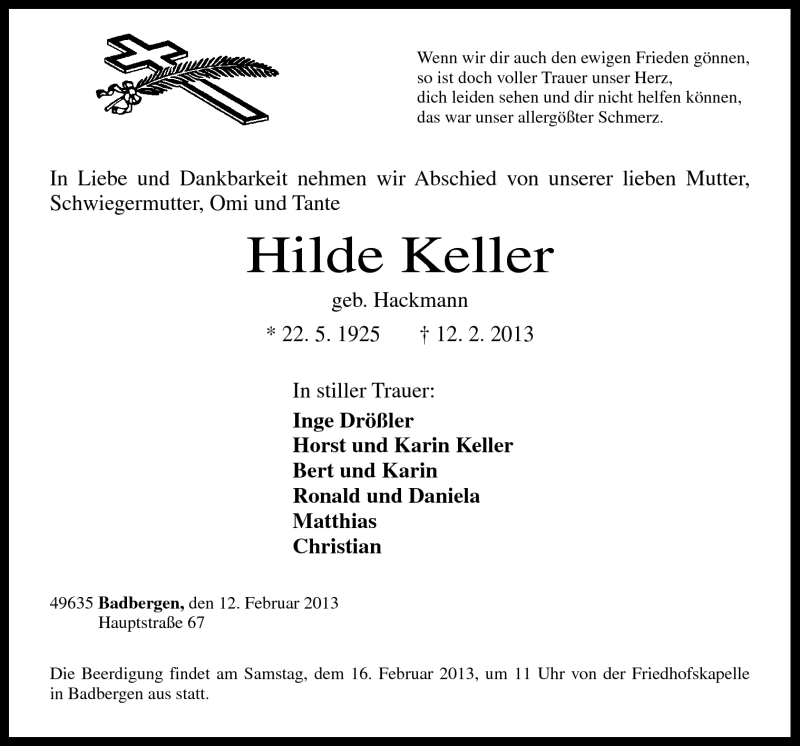 Traueranzeigen Von Hilde Keller Noz Trauerportal