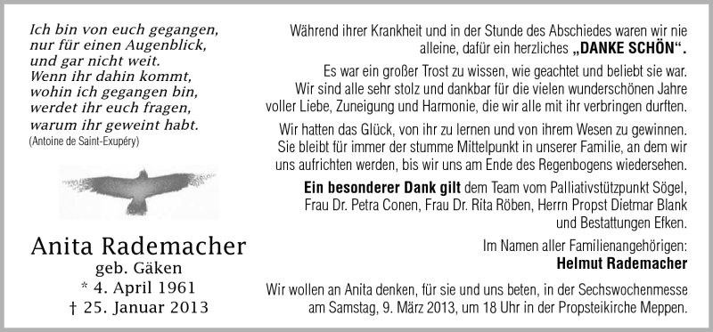  Traueranzeige für Anita Rademacher vom 02.03.2013 aus Neue Osnabrücker Zeitung GmbH & Co. KG