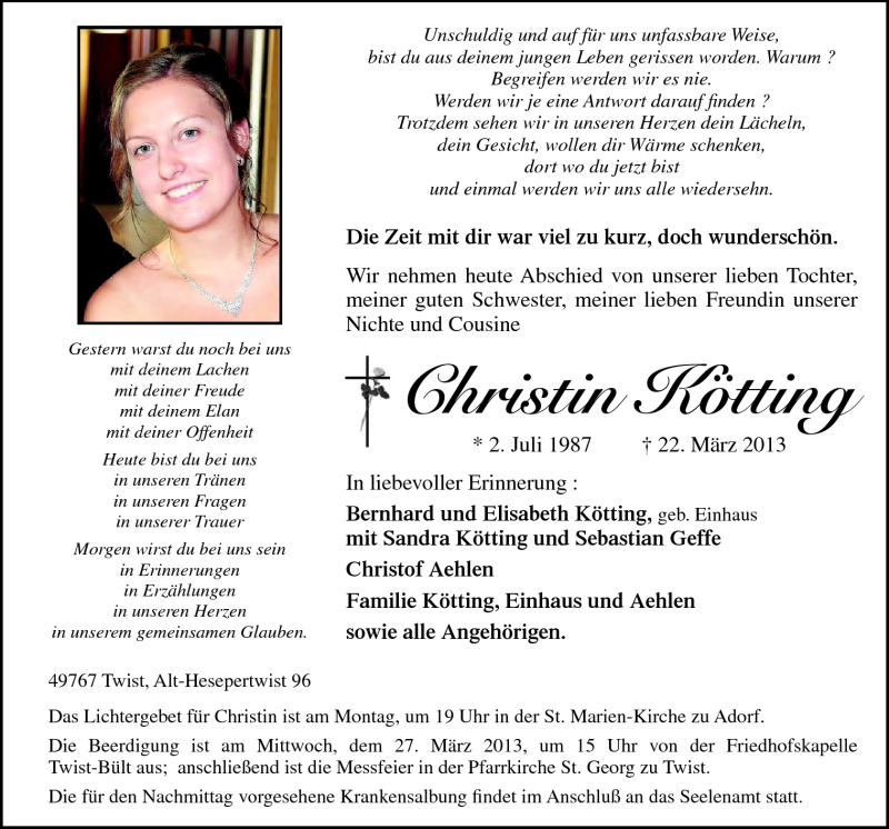  Traueranzeige für Christin Kötting vom 25.03.2013 aus Neue Osnabrücker Zeitung GmbH & Co. KG