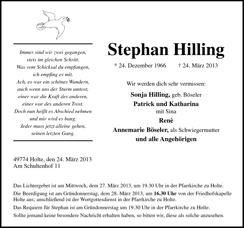  Traueranzeige für Stephan Hilling vom 26.03.2013 aus Neue Osnabrücker Zeitung GmbH & Co. KG