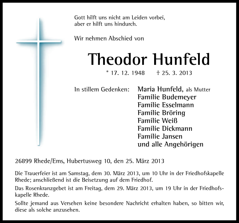  Traueranzeige für Theodor Hunfeld vom 27.03.2013 aus Neue Osnabrücker Zeitung GmbH & Co. KG