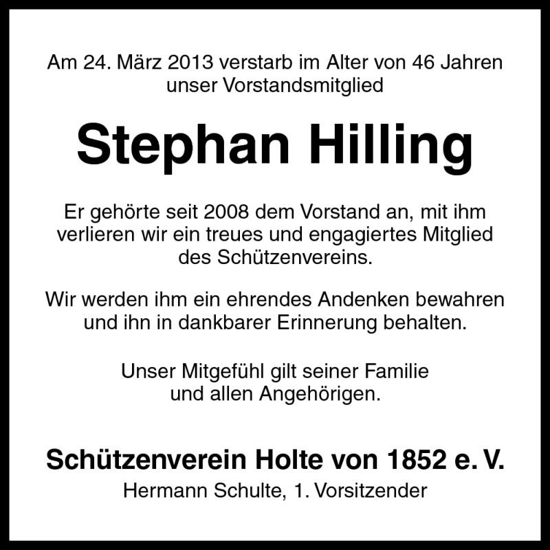  Traueranzeige für Stephan Hilling vom 28.03.2013 aus Neue Osnabrücker Zeitung GmbH & Co. KG