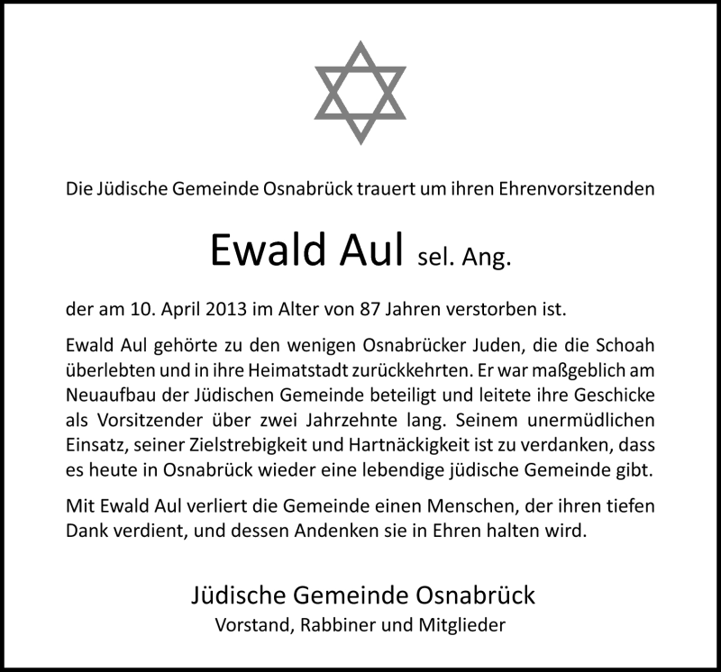  Traueranzeige für Ewald Aul vom 11.04.2013 aus Neue Osnabrücker Zeitung GmbH & Co. KG