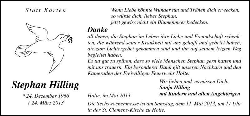  Traueranzeige für Stephan Hilling vom 08.05.2013 aus Neue Osnabrücker Zeitung GmbH & Co. KG