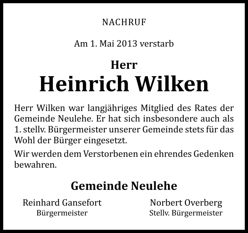 Traueranzeige für Heinrich Wilken vom 04.05.2013 aus Neue Osnabrücker Zeitung GmbH & Co. KG