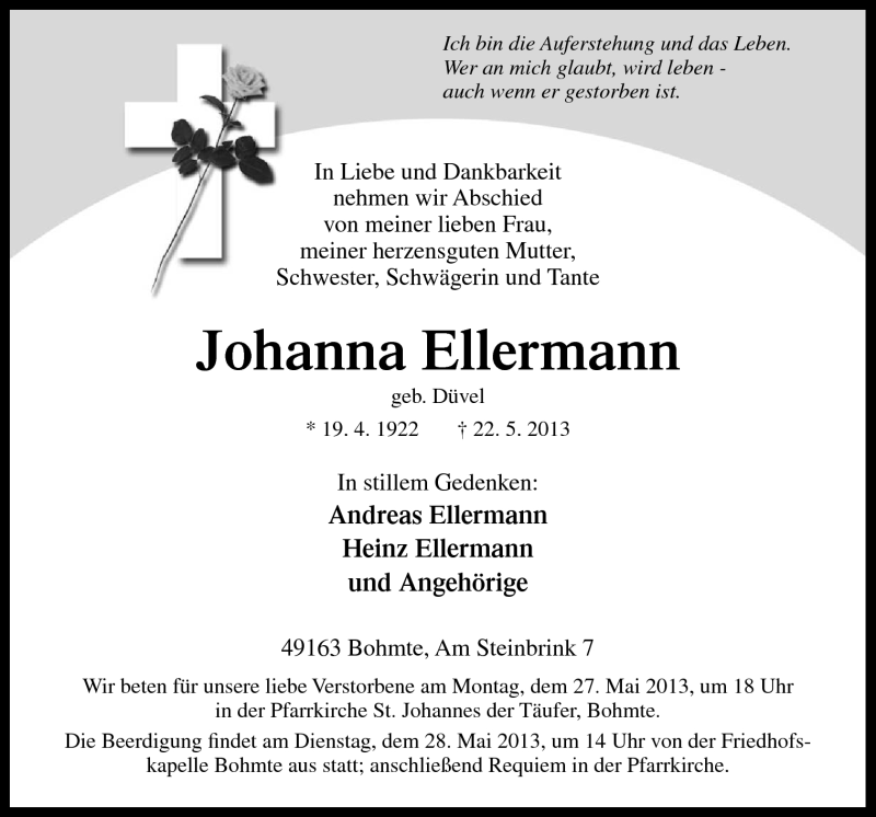  Traueranzeige für Johanna Ellermann vom 25.05.2013 aus Neue Osnabrücker Zeitung GmbH & Co. KG