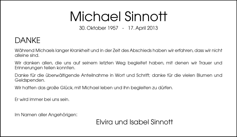  Traueranzeige für Michael Sinnott vom 01.06.2013 aus Neue Osnabrücker Zeitung GmbH & Co. KG