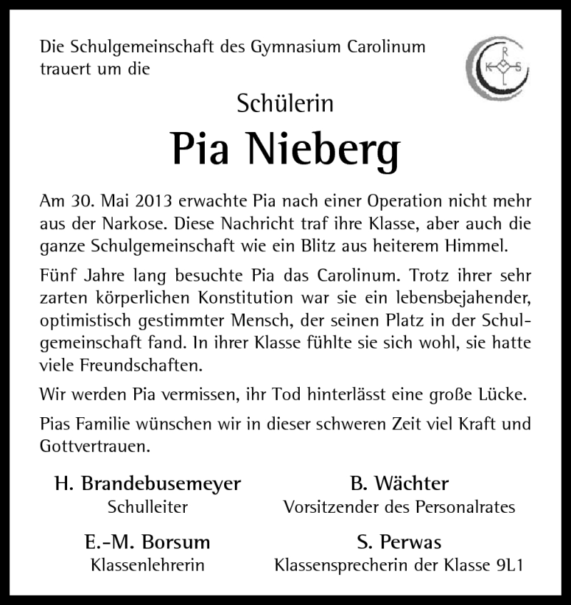  Traueranzeige für Pia Nieberg vom 05.06.2013 aus Neue Osnabrücker Zeitung GmbH & Co. KG