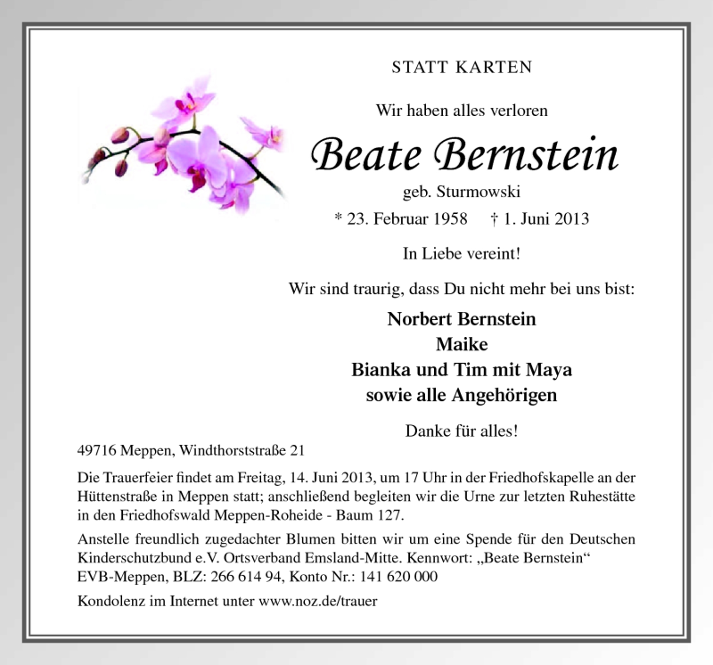  Traueranzeige für Beate Bernstein vom 08.06.2013 aus Neue Osnabrücker Zeitung GmbH & Co. KG