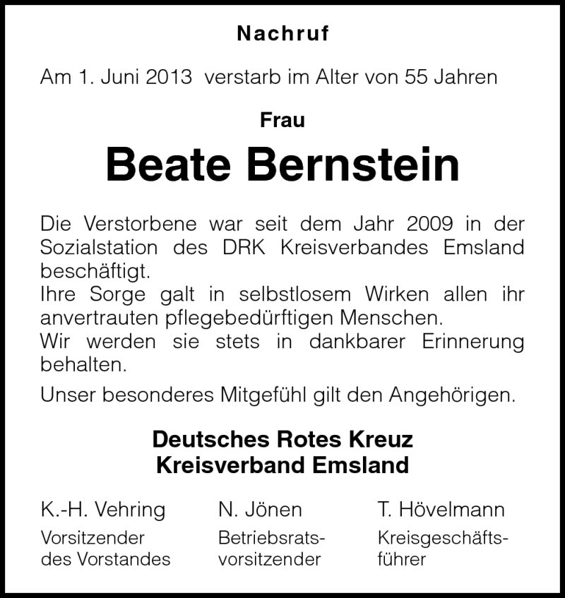  Traueranzeige für Beate Bernstein vom 08.06.2013 aus Neue Osnabrücker Zeitung GmbH & Co. KG