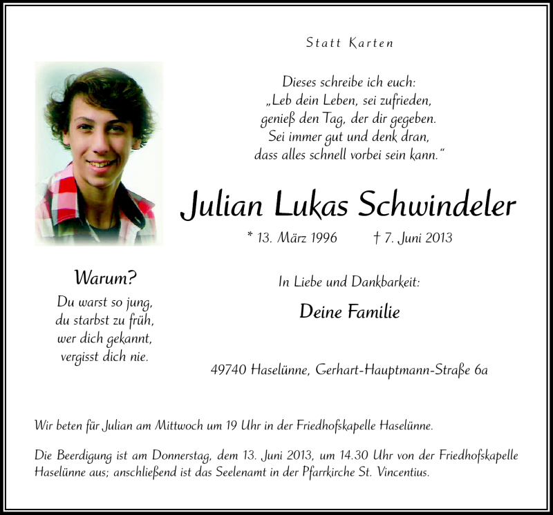  Traueranzeige für Julian Lukas Schwindeler vom 10.06.2013 aus Neue Osnabrücker Zeitung GmbH & Co. KG