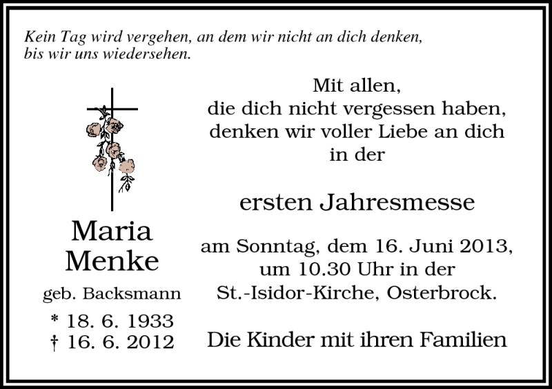  Traueranzeige für Maria Menke vom 12.06.2013 aus Neue Osnabrücker Zeitung GmbH & Co. KG