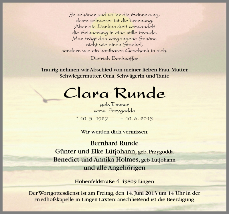  Traueranzeige für Clara Runde vom 12.06.2013 aus Neue Osnabrücker Zeitung GmbH & Co. KG