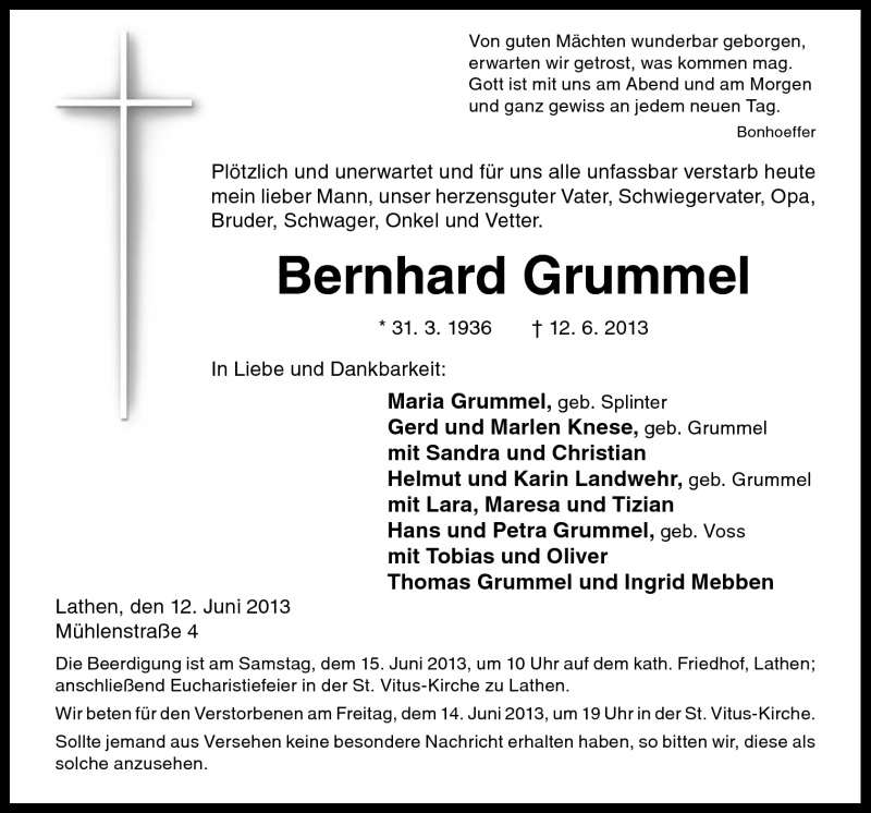  Traueranzeige für Bernhard Grummel vom 14.06.2013 aus Neue Osnabrücker Zeitung GmbH & Co. KG