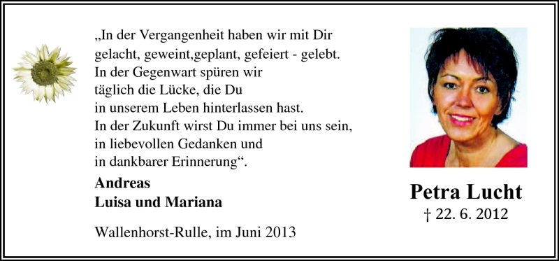  Traueranzeige für Petra Lucht vom 22.06.2013 aus Neue Osnabrücker Zeitung GmbH & Co. KG