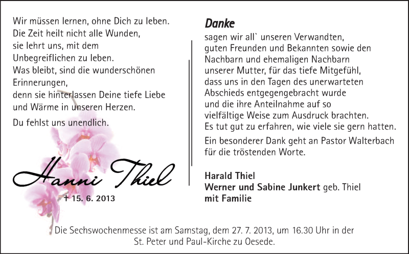  Traueranzeige für Hanni Thiel vom 26.07.2013 aus Neue Osnabrücker Zeitung GmbH & Co. KG