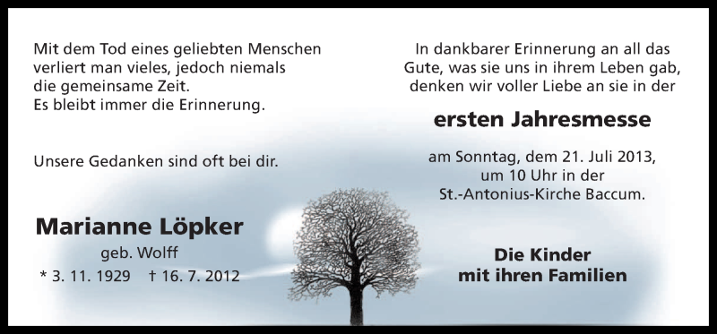  Traueranzeige für Marianne Löpker vom 18.07.2013 aus Neue Osnabrücker Zeitung GmbH & Co. KG