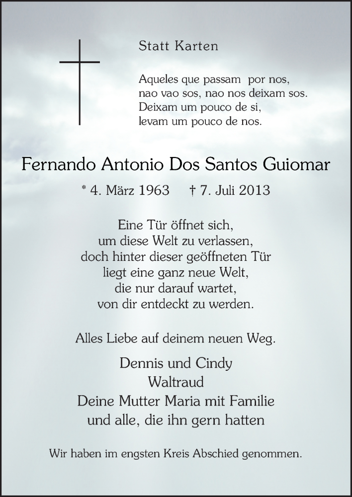  Traueranzeige für Fernando Antonio Dos Santos Guiomar vom 11.07.2013 aus Neue Osnabrücker Zeitung GmbH & Co. KG