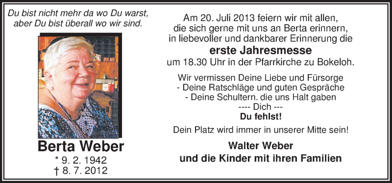  Traueranzeige für Berta Weber vom 17.07.2013 aus Neue Osnabrücker Zeitung GmbH & Co. KG