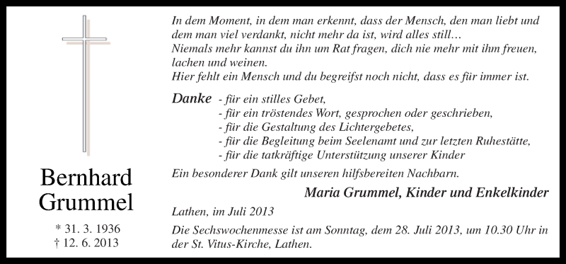  Traueranzeige für Bernhard Grummel vom 25.07.2013 aus Neue Osnabrücker Zeitung GmbH & Co. KG