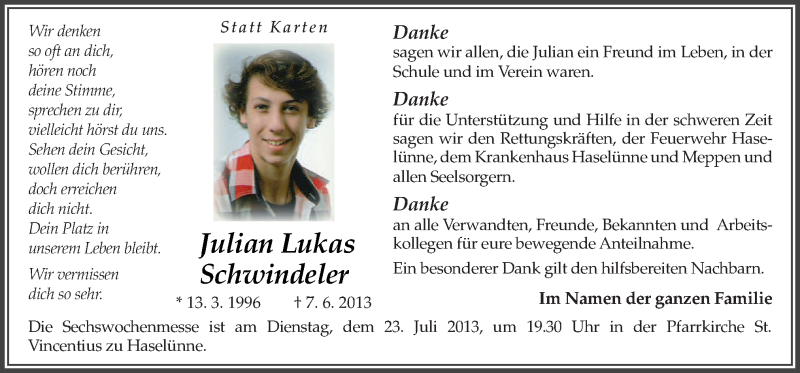  Traueranzeige für Julian Lukas Schwindeler vom 20.07.2013 aus Neue Osnabrücker Zeitung GmbH & Co. KG