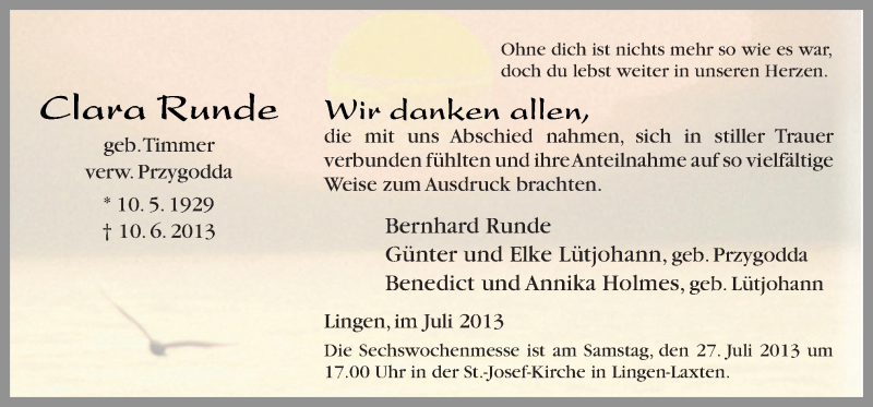  Traueranzeige für Clara Runde vom 24.07.2013 aus Neue Osnabrücker Zeitung GmbH & Co. KG