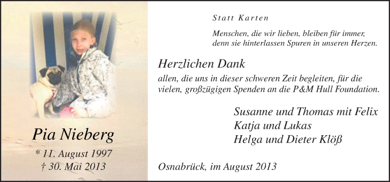  Traueranzeige für Pia Nieberg vom 03.08.2013 aus Neue Osnabrücker Zeitung GmbH & Co. KG