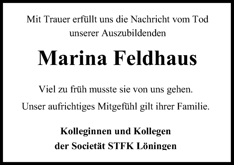  Traueranzeige für Marina Feldhaus vom 15.08.2013 aus Neue Osnabrücker Zeitung GmbH & Co. KG