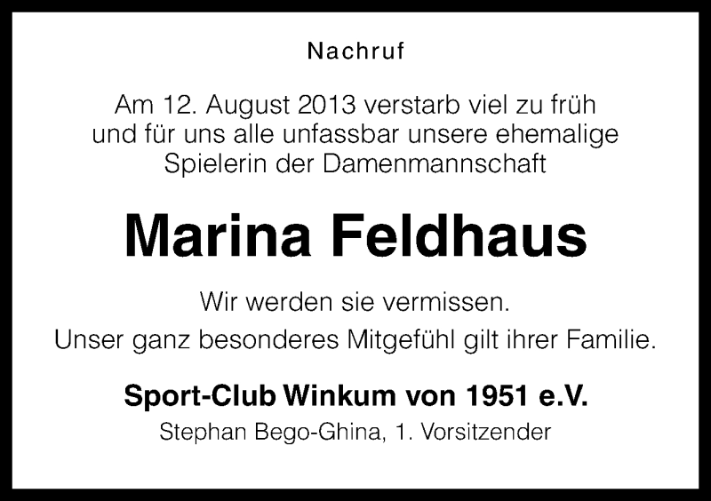  Traueranzeige für Marina Feldhaus vom 17.08.2013 aus Neue Osnabrücker Zeitung GmbH & Co. KG