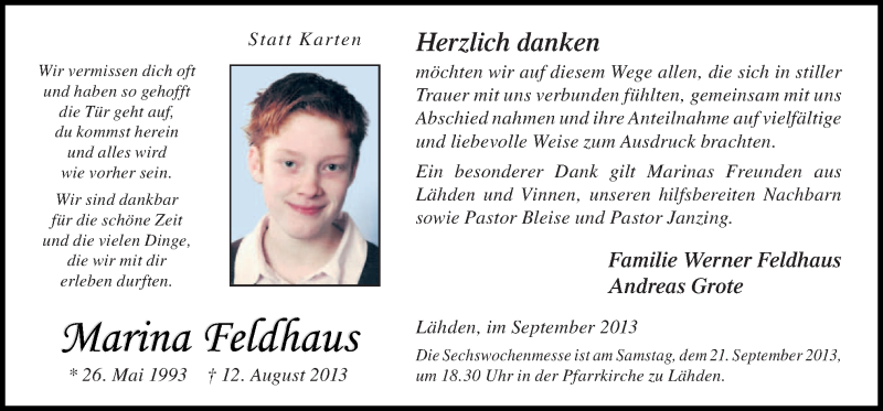  Traueranzeige für Marina Feldhaus vom 18.09.2013 aus Neue Osnabrücker Zeitung GmbH & Co. KG