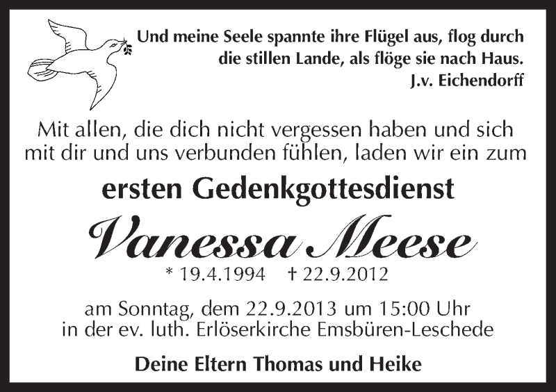  Traueranzeige für Vanessa Meese vom 18.09.2013 aus Neue Osnabrücker Zeitung GmbH & Co. KG
