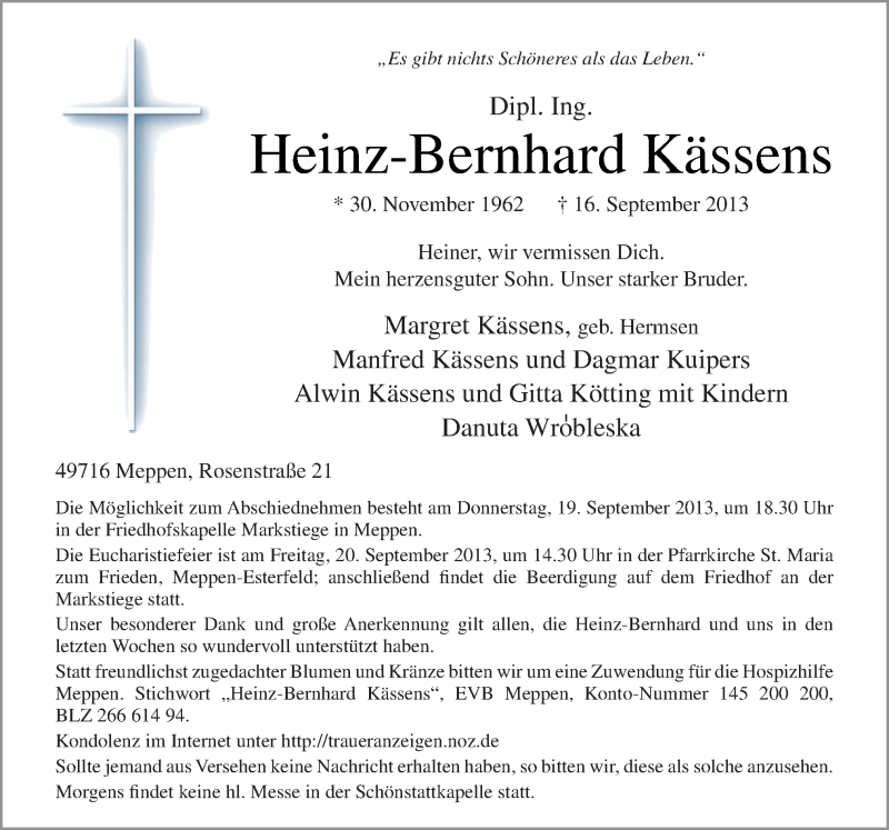  Traueranzeige für Heinz-Bernhard Kässens vom 18.09.2013 aus Neue Osnabrücker Zeitung GmbH & Co. KG