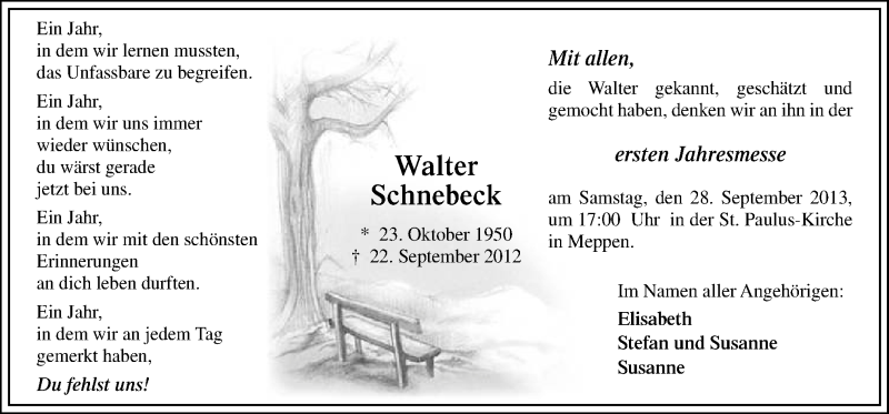  Traueranzeige für Walter Schnebeck vom 21.09.2013 aus Neue Osnabrücker Zeitung GmbH & Co. KG