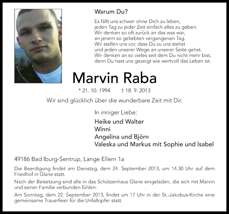  Traueranzeige für Marvin Raba vom 21.09.2013 aus Neue Osnabrücker Zeitung GmbH & Co. KG