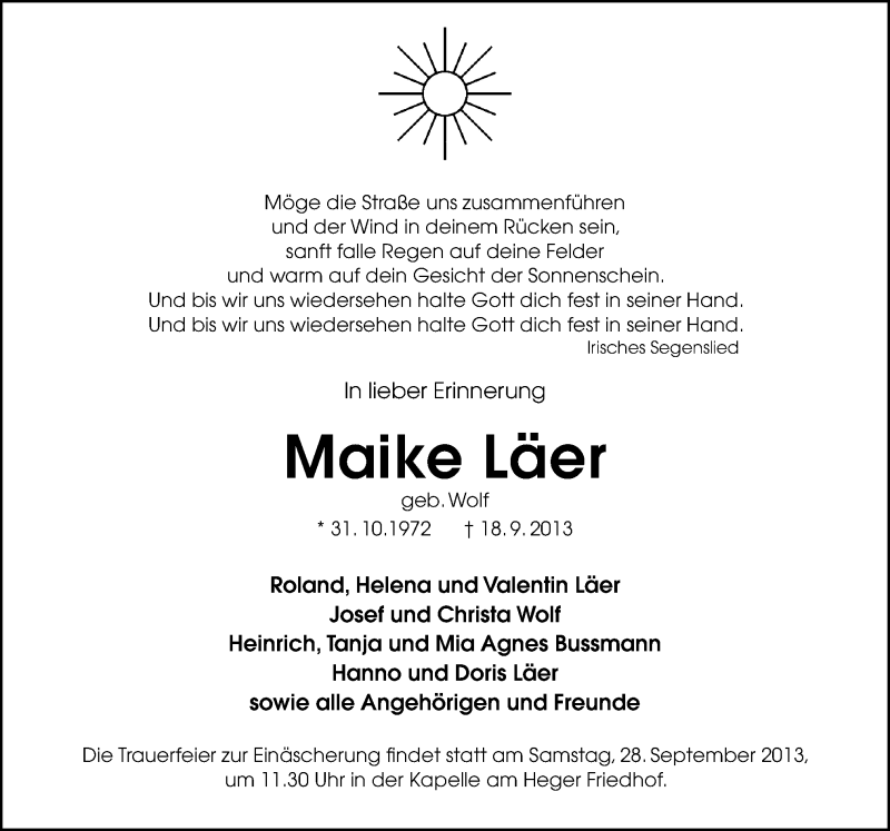  Traueranzeige für Maike Läer vom 23.09.2013 aus Neue Osnabrücker Zeitung GmbH & Co. KG