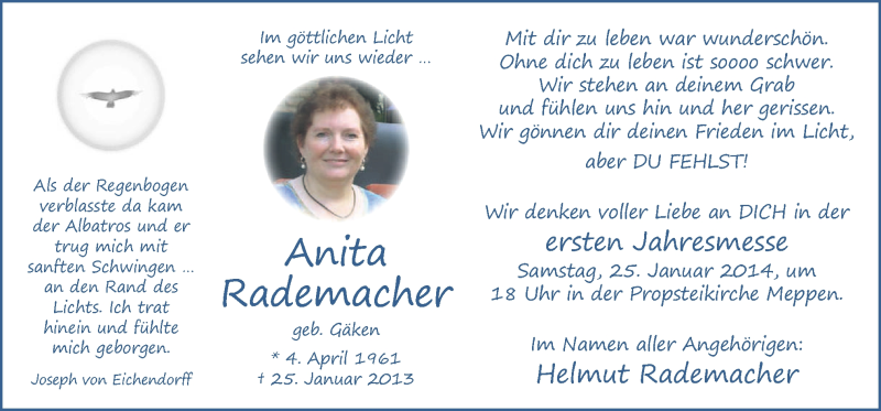  Traueranzeige für Anita Rademacher vom 18.01.2014 aus Neue Osnabrücker Zeitung GmbH & Co. KG