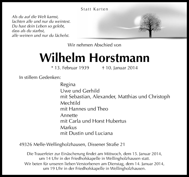 Traueranzeigen Von Wilhelm Horstmann Noz Trauerportal