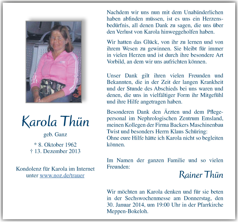  Traueranzeige für Karola Thün vom 25.01.2014 aus Neue Osnabrücker Zeitung GmbH & Co. KG