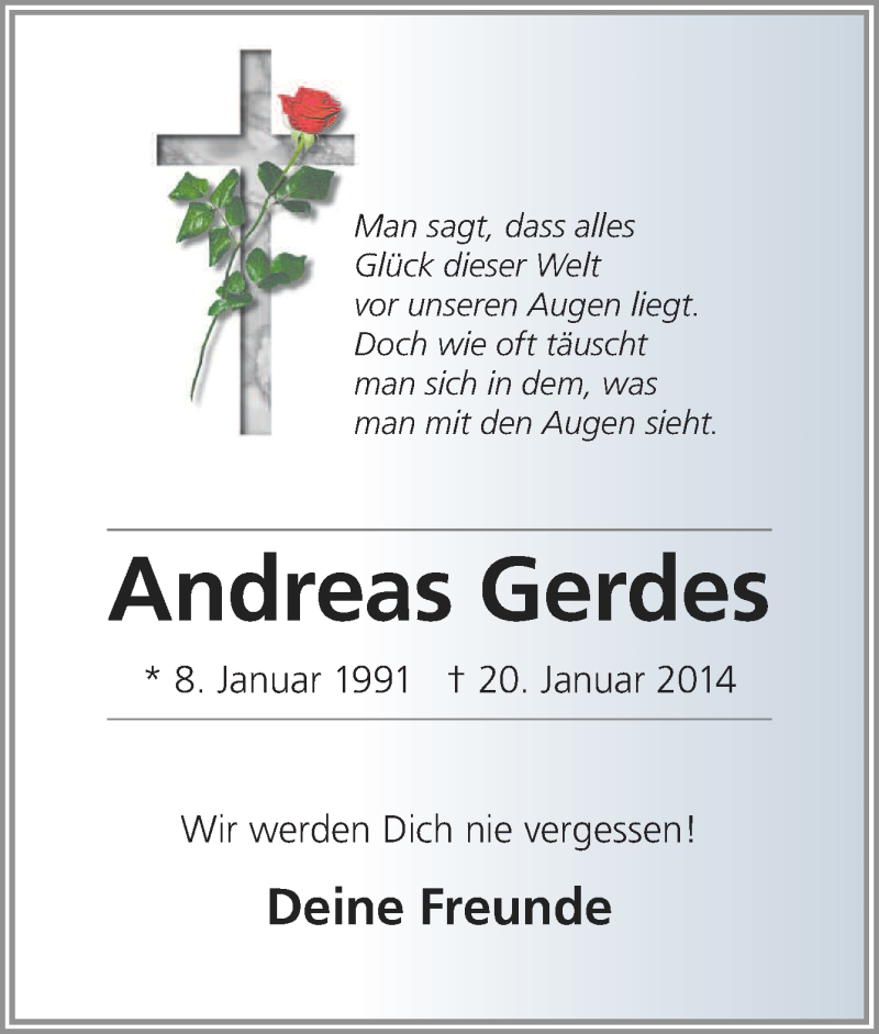  Traueranzeige für Andreas Gerdes vom 25.01.2014 aus Neue Osnabrücker Zeitung GmbH & Co. KG