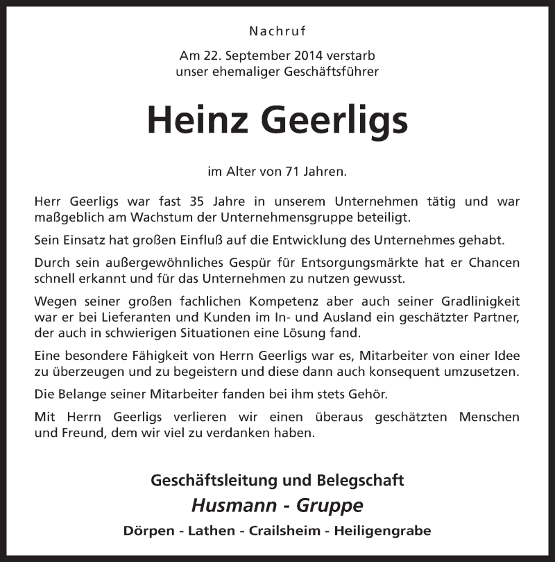  Traueranzeige für Heinz Geerligs vom 01.10.2014 aus Neue Osnabrücker Zeitung GmbH & Co. KG