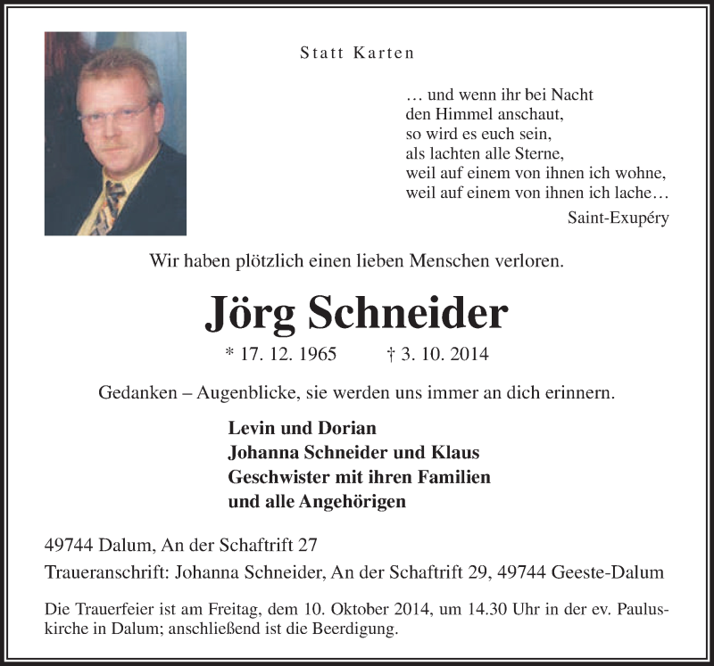  Traueranzeige für Jörg Schneider vom 08.10.2014 aus Neue Osnabrücker Zeitung GmbH & Co. KG