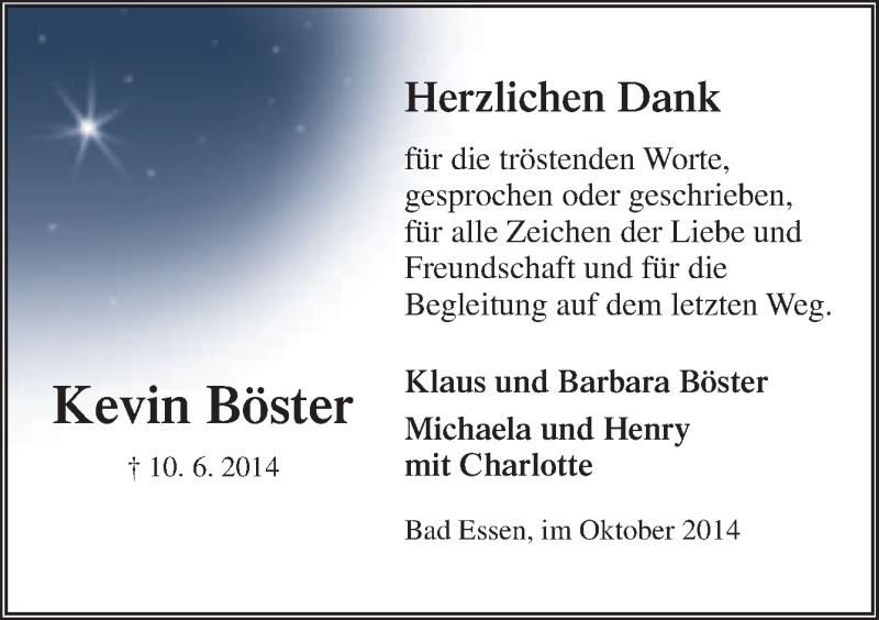 Traueranzeige für Kevin Böster vom 11.10.2014 aus Neue Osnabrücker Zeitung GmbH & Co. KG