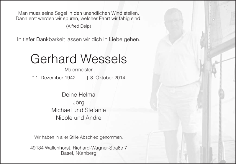  Traueranzeige für Gerhard Wessels vom 15.10.2014 aus Neue Osnabrücker Zeitung GmbH & Co. KG