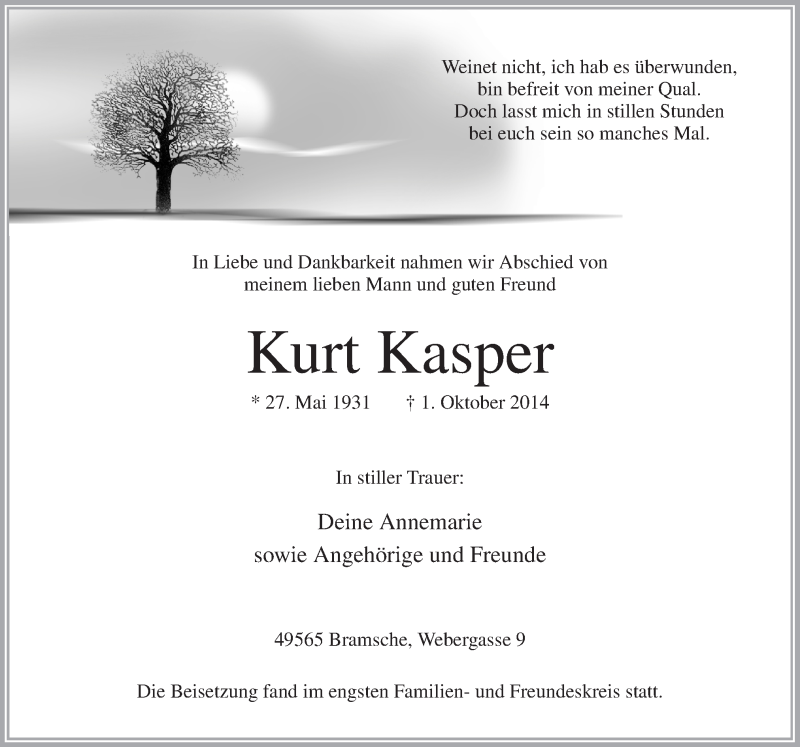  Traueranzeige für Kurt Kasper vom 15.10.2014 aus Neue Osnabrücker Zeitung GmbH & Co. KG