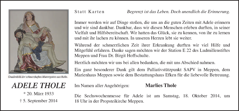  Traueranzeige für Adele Thole vom 15.10.2014 aus Neue Osnabrücker Zeitung GmbH & Co. KG