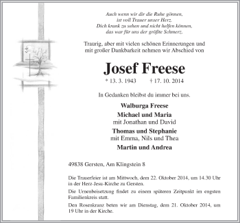 Traueranzeigen Von Josef Freese Noz Trauerportal