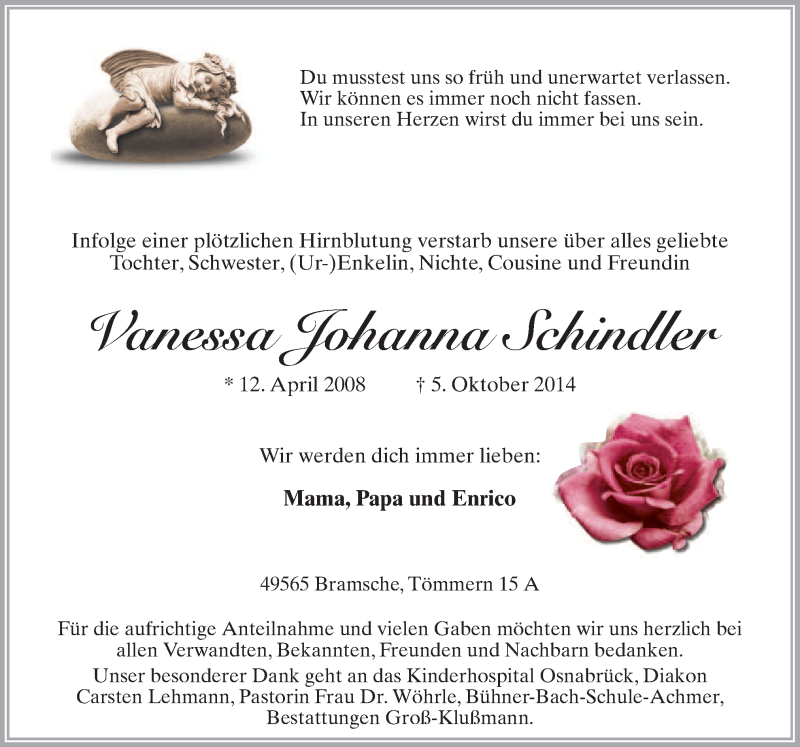  Traueranzeige für Vanessa Johanna Schindler vom 25.10.2014 aus Neue Osnabrücker Zeitung GmbH & Co. KG