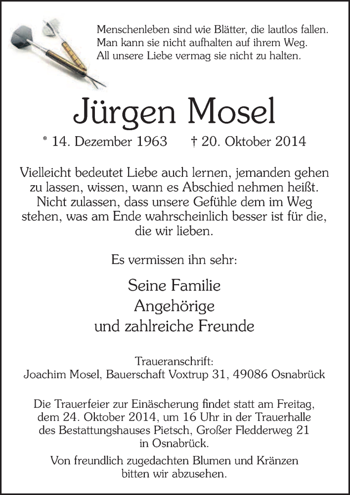  Traueranzeige für Jürgen Mosel vom 22.10.2014 aus Neue Osnabrücker Zeitung GmbH & Co. KG