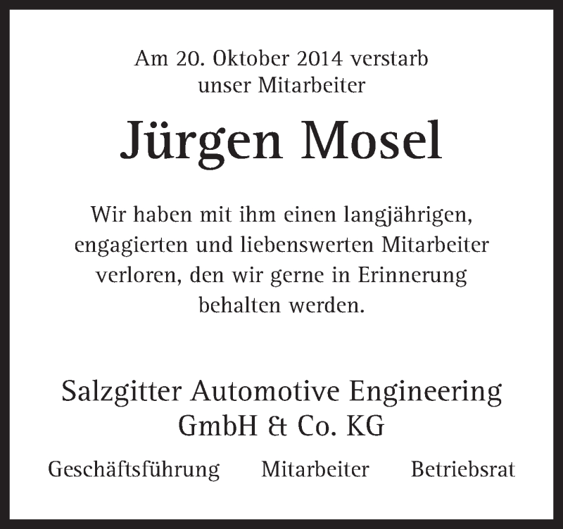  Traueranzeige für Jürgen Mosel vom 23.10.2014 aus Neue Osnabrücker Zeitung GmbH & Co. KG